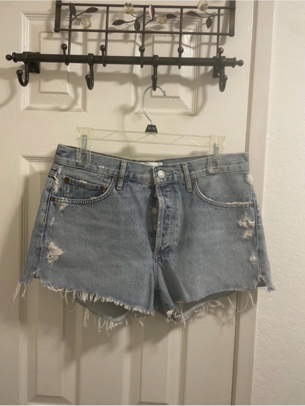 Agolde Light Blue Distressed Denim Cutoff Shorts